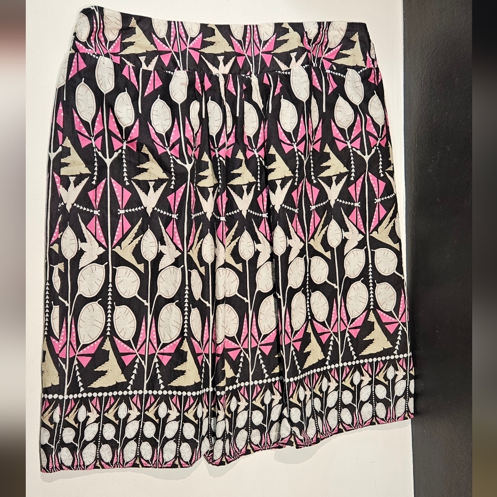 Womens DownEast Basics Black Pink Leaf Bird Print Skirt Smocked Waist Lined